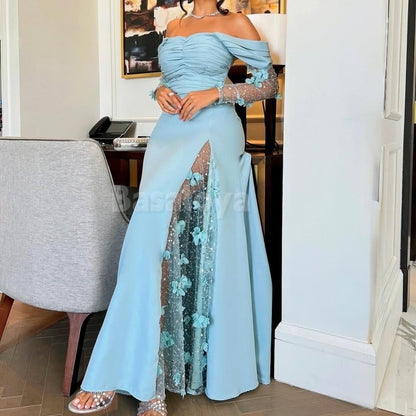 ED0017 Luxury Blue 3D Floral Off Shoulder Long Sleeves Evening Prom Dress