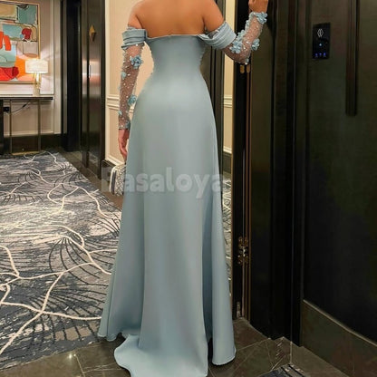 ED0017 Luxury Blue 3D Floral Off Shoulder Long Sleeves Evening Prom Dress