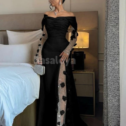 ED0017 Luxury Blue 3D Floral Off Shoulder Long Sleeves Evening Prom Dress