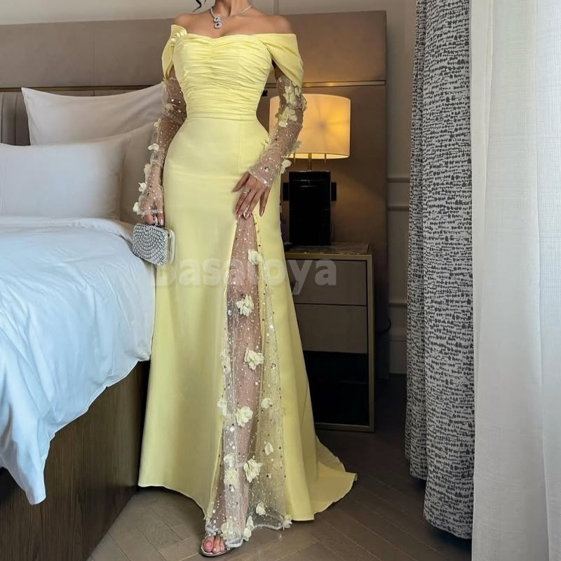 ED0017 Luxury Blue 3D Floral Off Shoulder Long Sleeves Evening Prom Dress