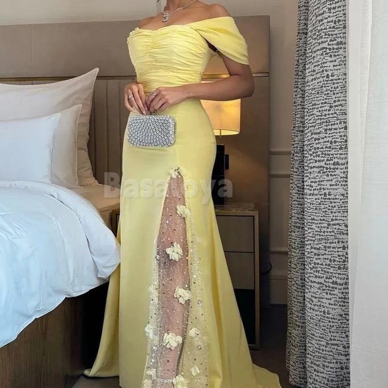 ED0017 Luxury Blue 3D Floral Off Shoulder Long Sleeves Evening Prom Dress