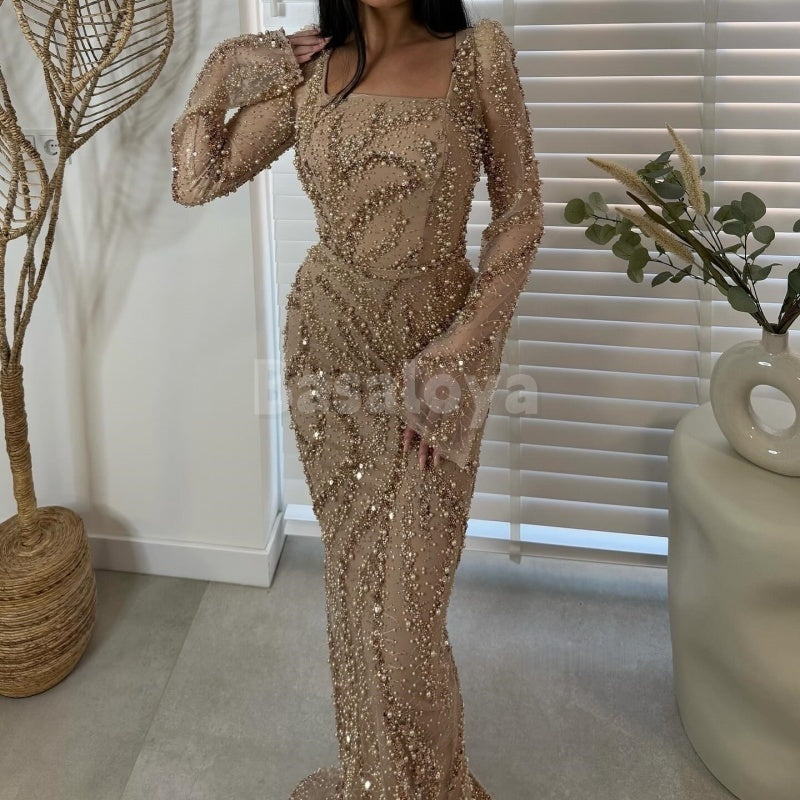 ED0008 Luxury Pearls Dark Navy Square Neck Long Sleeves Long Evening Dress