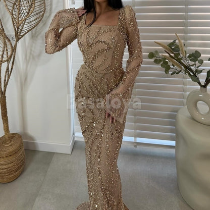 ED0008 Luxury Pearls Dark Navy Square Neck Long Sleeves Long Evening Dress