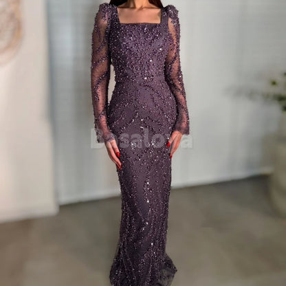 ED0008 Luxury Pearls Dark Navy Square Neck Long Sleeves Long Evening Dress
