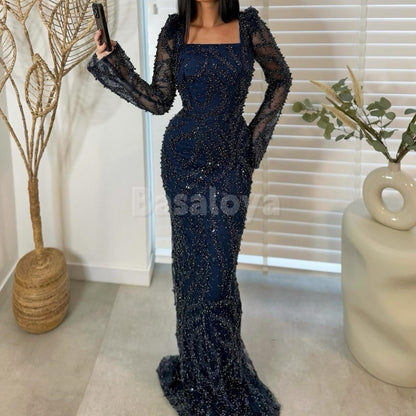 ED0008 Luxury Pearls Dark Navy Square Neck Long Sleeves Long Evening Dress