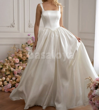 WD0035 Elegant Square Neck A-Line Pleated Floor-Length Wedding Gowns