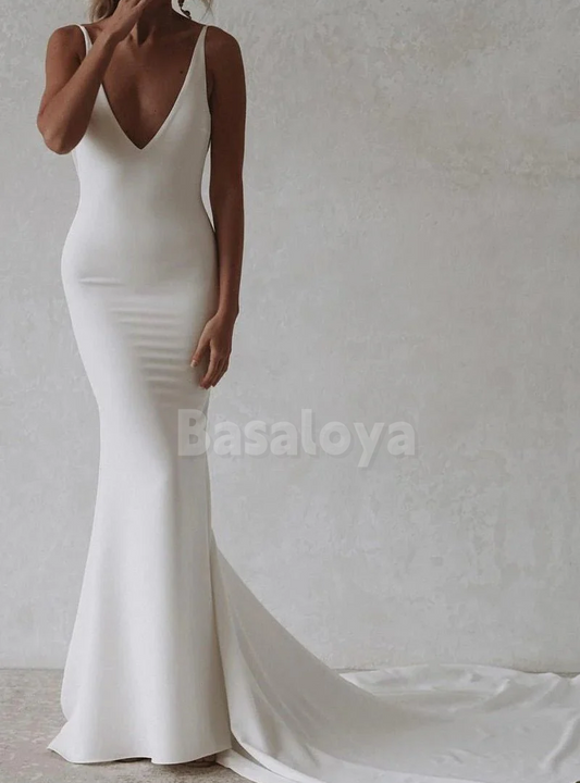 WD0063 Simple White V-Neck Mermaid Long Wedding Dress with Train Bridal Gown