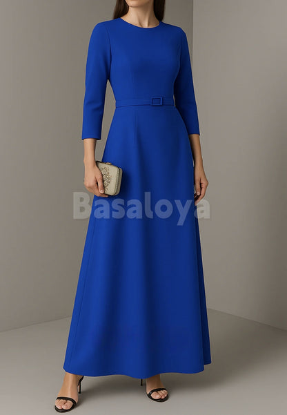 ED0068 Classic Royal Blue Long Sleeves A-Line Evening Dress with Belt