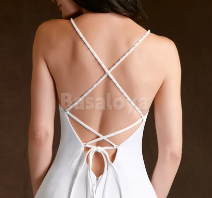 WD0112 Classic White Spaghetti Straps V-Neck Sheath Wedding Dress with Train