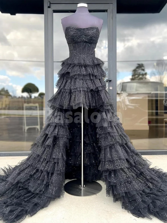 SP0212 Sparkly Black Strapless A-Line Tiered Glitter Evening Prom Dress