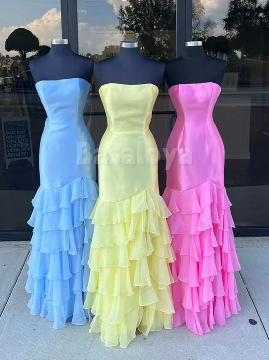 SP0199 Elegant Yellow Tube Top Mermaid Tiered Prom Party Dress with Slit