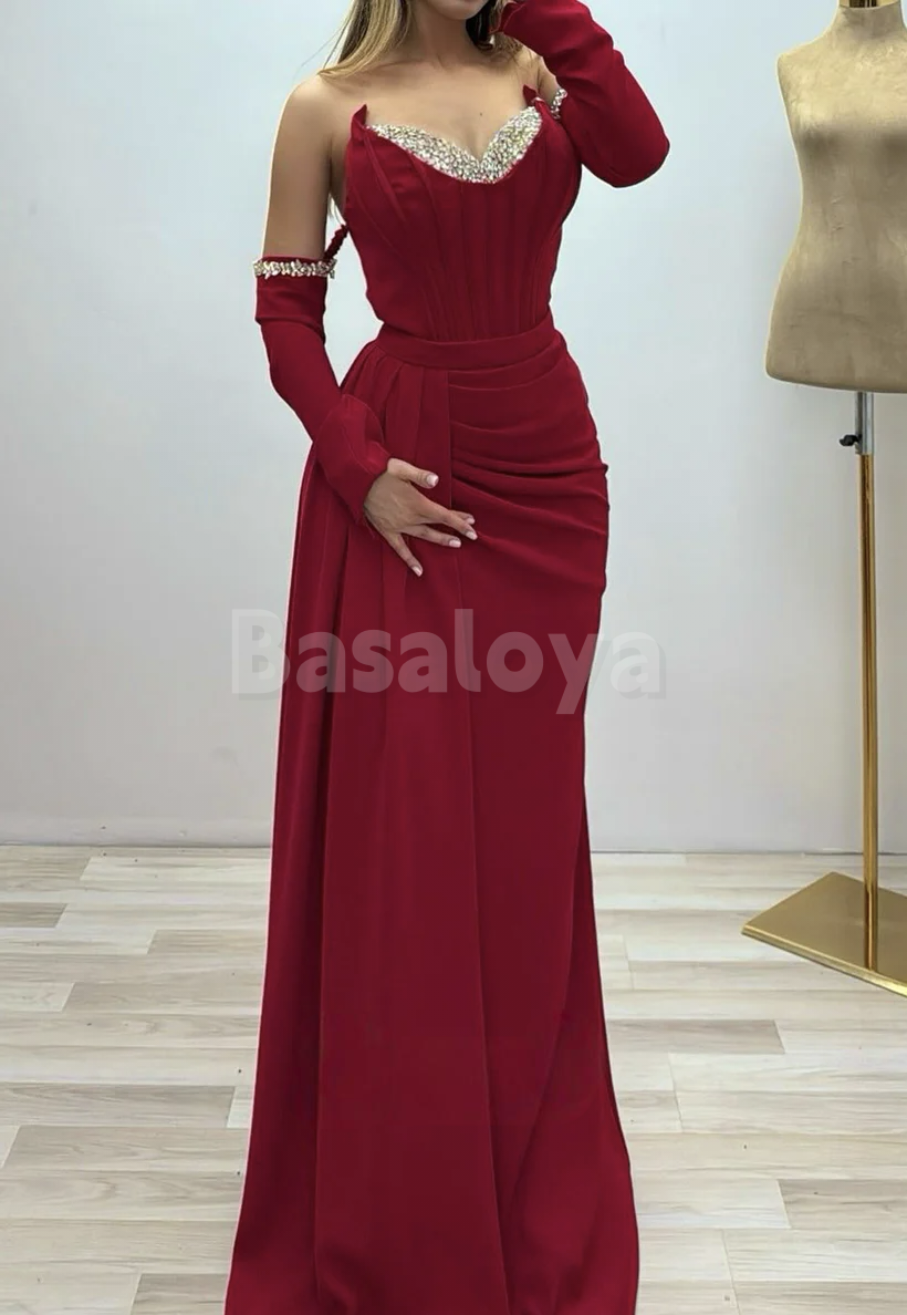 ED0072 Luxury Crystal Burgundy Half Sleeves Evening Dress with Train
