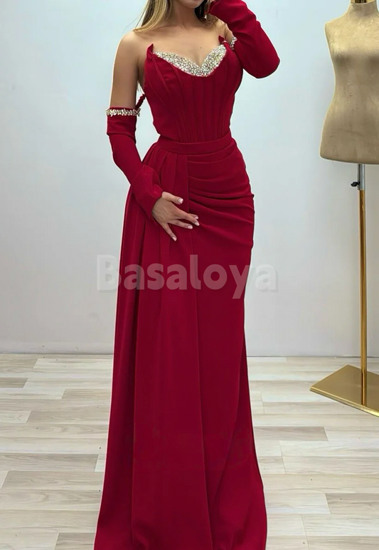 ED0072 Luxury Crystal Burgundy Half Sleeves Evening Dress with Train