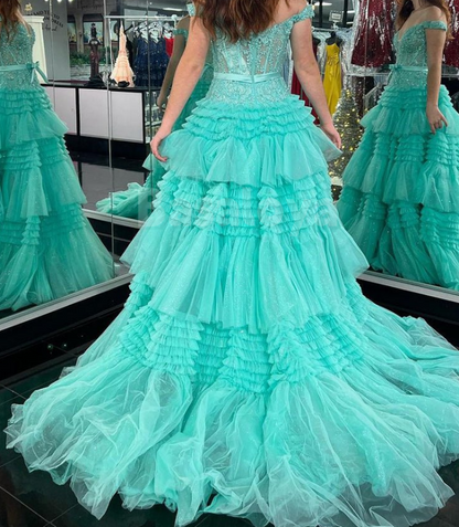 SP0149 Elegant Appliques Pink Off-Shoulder A-Line Tiered Prom Dress with Bow
