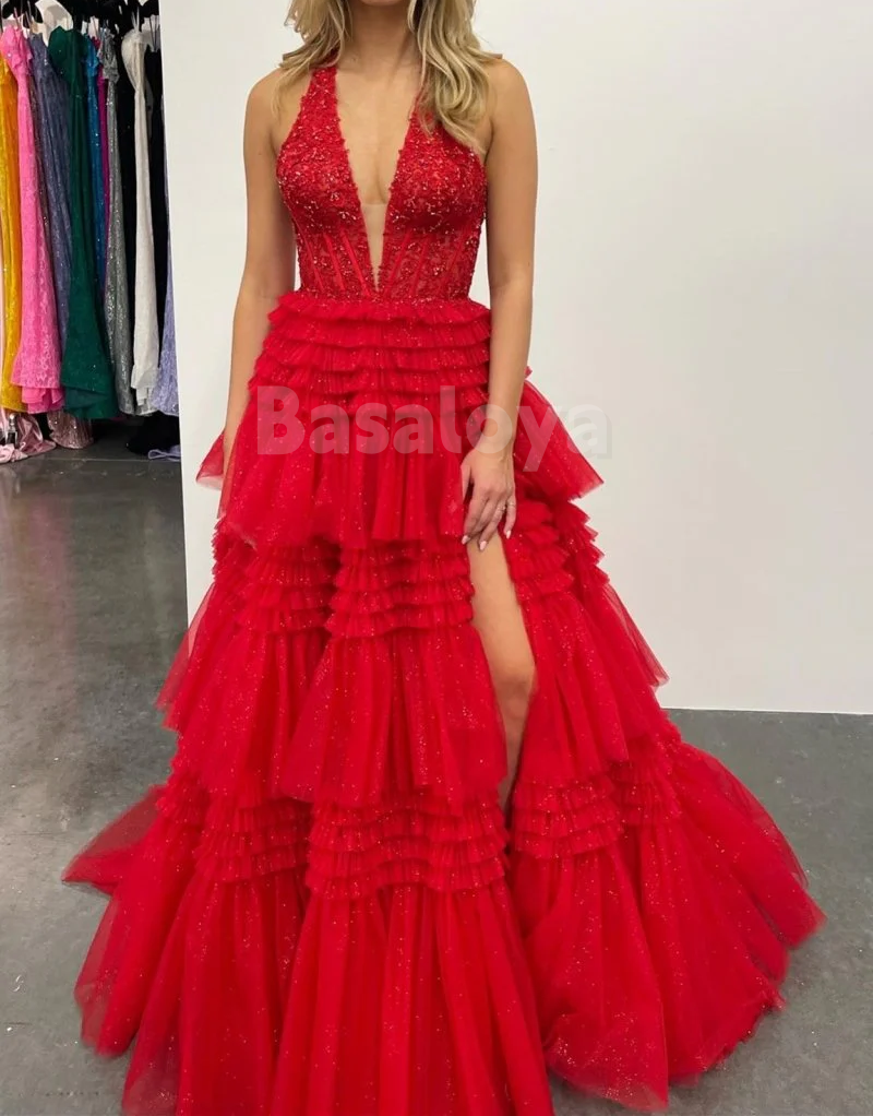 SP0160 Luxury White Halter V-Neck A-Line Appliques Ball Gown Prom Dress