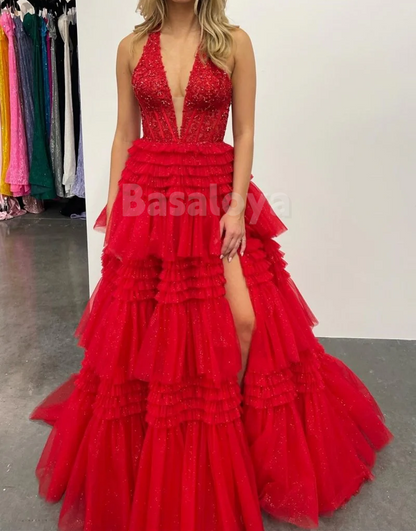 SP0160 Luxury White Halter V-Neck A-Line Appliques Ball Gown Prom Dress