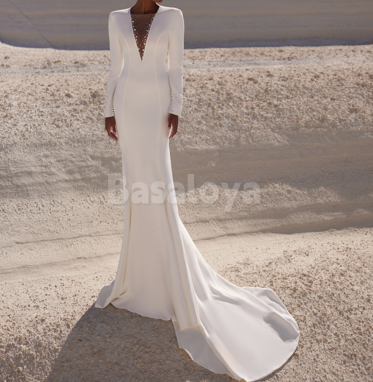 WD0180 Luxury Beaded White Long Sleeve V-Neck Mermaid Bridal Gown with Train