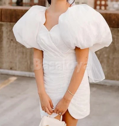 WD0060 Graceful White Puff Sleeves Sweetheart Bodycon Mini Wedding Dress