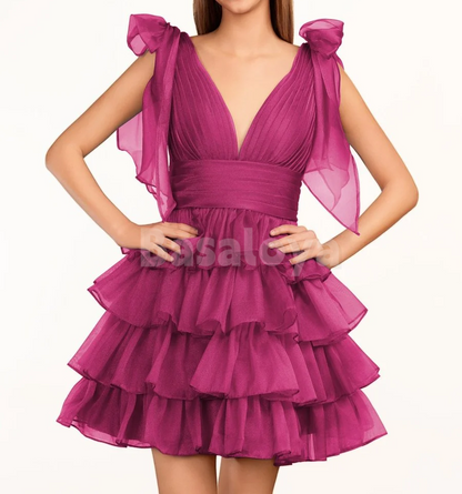 HM0135 Classic Black V-Neck A-Line Tiered Homecoming Gown with Bows