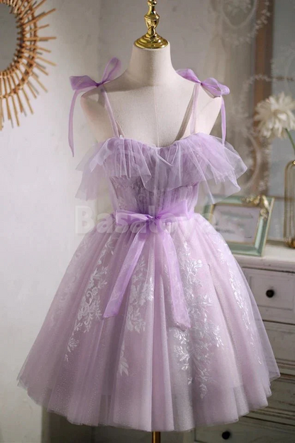 HM0144 Elegant Lilac Sweetheart A-Line Applique Homecoming Gown with Bows