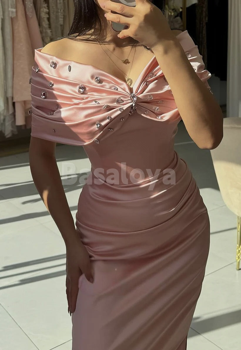ED0060 Elegant Crystal Pink Off-Shoulder Sheath Evening Dress Formal Gown