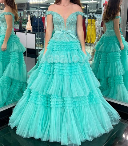 SP0149 Elegant Appliques Pink Off-Shoulder A-Line Tiered Prom Dress with Bow
