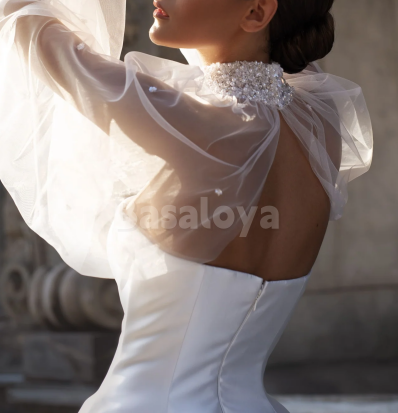 WD0190 Luxury Pearls Long Sleeves Strapless A-Line Pleated Wedding Gown