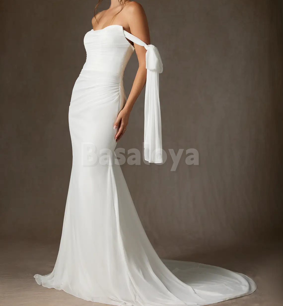 WD0107 Simple White Off-Shoulder Mermaid Bow Wedding Dress with Train