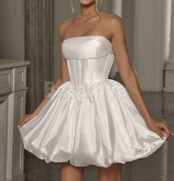 WD0032 Cute Off-Shoulder A-Line Bubble Mini Wedding Dress with Pearls