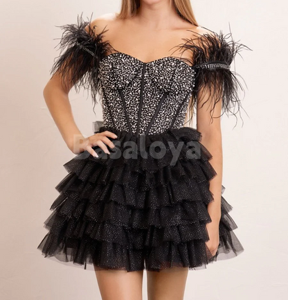 HM0118 Luxury Beaded Black Off Shoulder A-Line Homecoming Gown with Feather