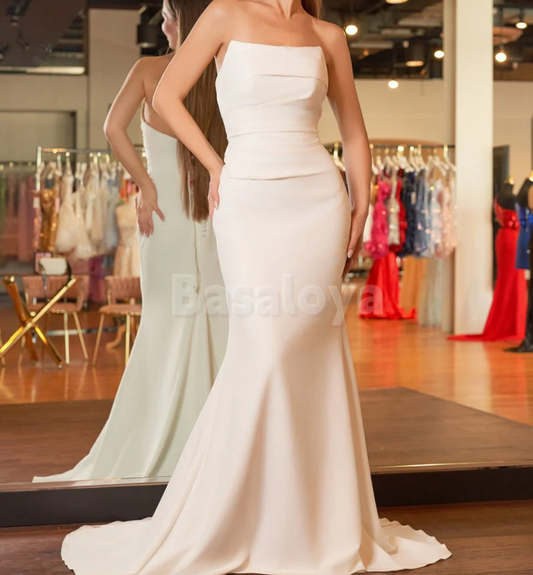 WD0069 Elegant Tube Top Sleeveless Mermaid Satin Long Wedding Dress
