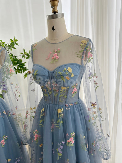 SP0321 Graceful Blue Long Sleeves A-Line Pleated Prom Dress with Floral