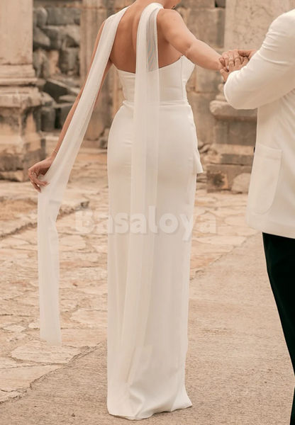 WD0140 Elegant 3D Floral White Strapless Sheath Boho Wedding Gown with Slit