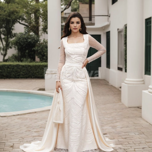 ED0010 Elegant Pearls Square Neck Long Sleeve Mermaid Evening Dress with Overskirt