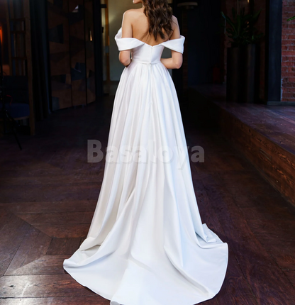 WD0186 Luxury Beaded White Off-Shoulder A-Line High Slit Wedding Dress