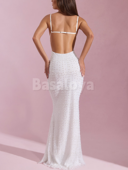 SP0300 Luxury Aqua Blue Spaghetti Straps Sheath Maxi Dress Prom Dress