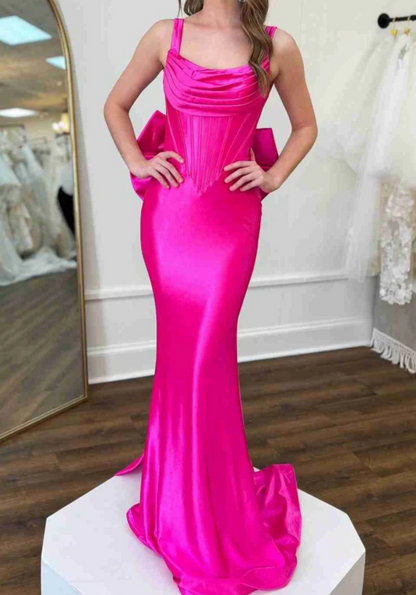 SP0226 Elegant Fuchsia Scoop Neck Mermaid Long Prom Dress with Bow