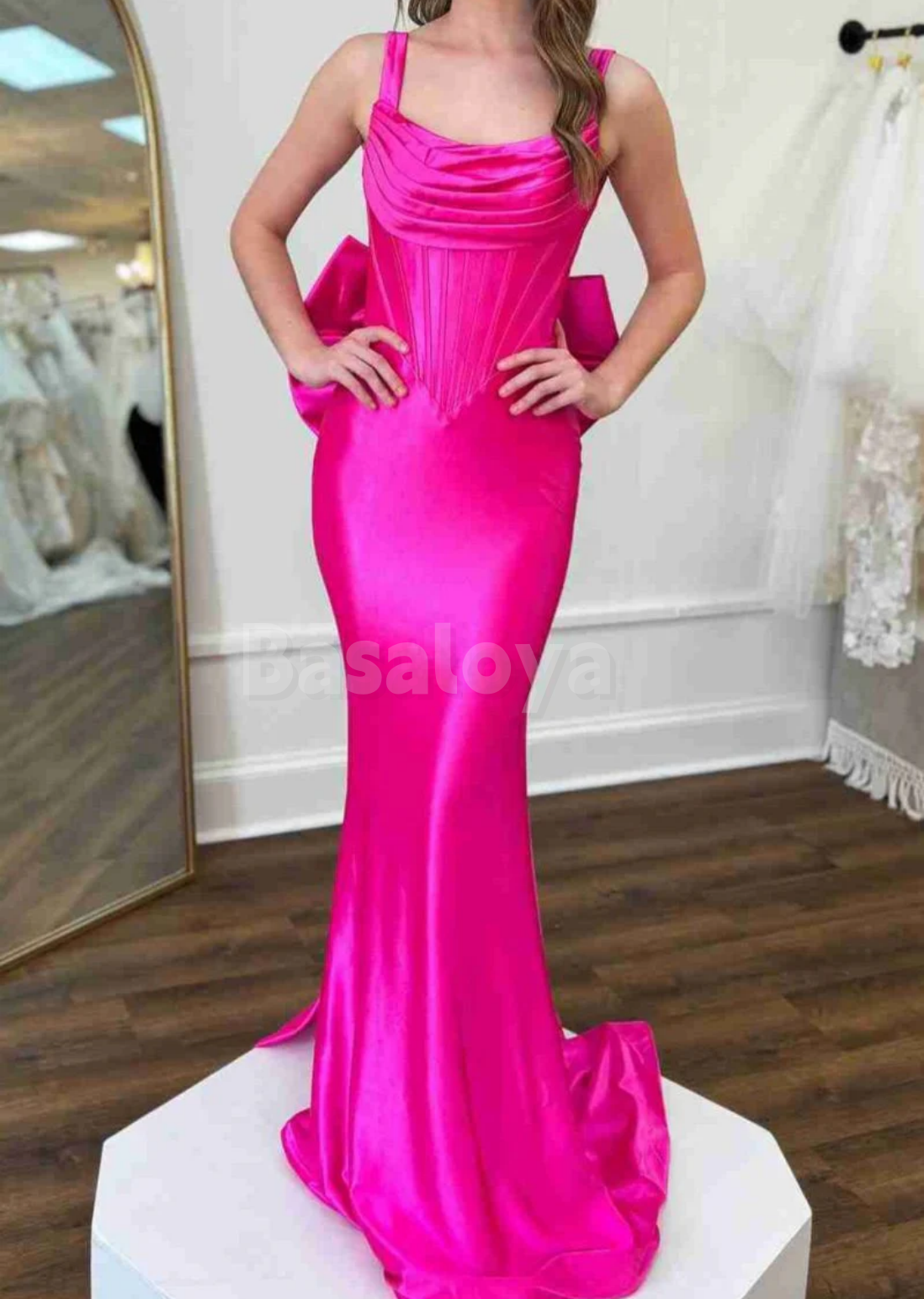 SP0226 Elegant Fuchsia Scoop Neck Mermaid Long Prom Dress with Bow