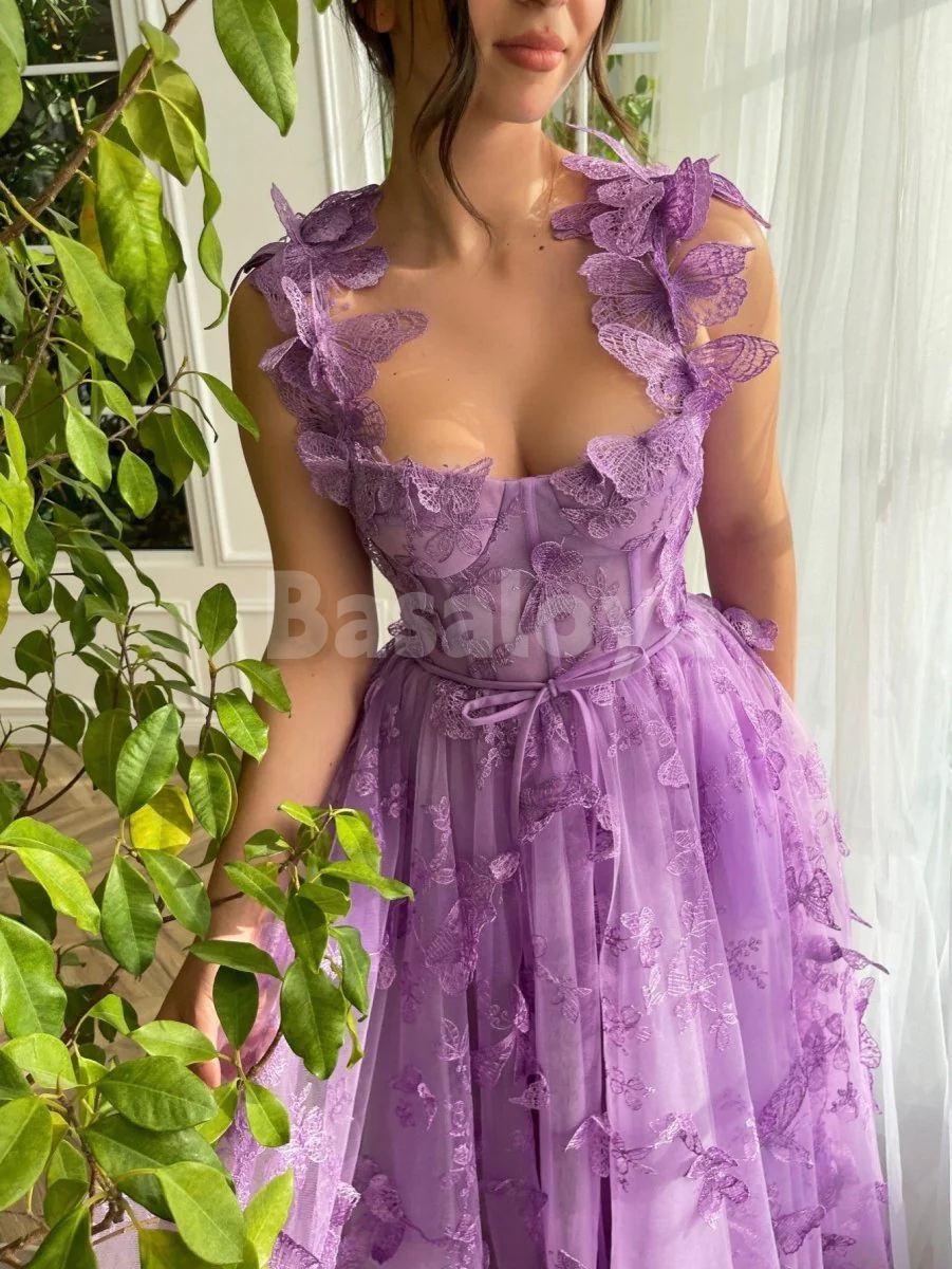 SP0150 Glamorous 3D Butterfly Lilac A-Line Sweetheart Lace Prom Dresses
