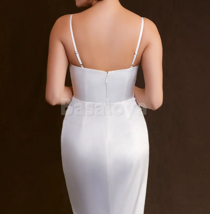 WD0119 Classic White Spaghetti Straps Sheath Boho Wedding Dress with Slit