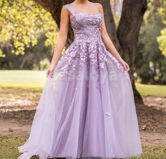 SP0190 Graceful Lilac One Shoulder A-Line Lace Applique Prom Dress