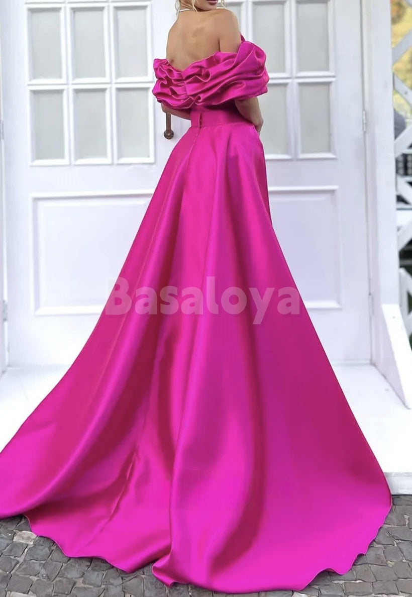 ED0077 Elegant Fuchsia Off-Shoulder Satin Evening Dress with Overskirt