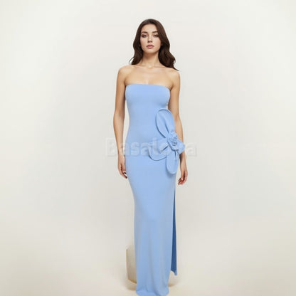 SP0023 Elegant 3D Floral Blue Strapless Sheath Satin Prom Dress with Slit