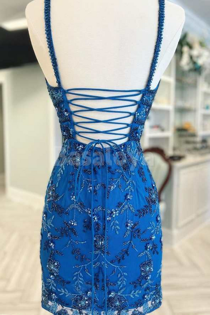 HM0153 Luxury Blue Beaded Flower V-Neck Bodycon Mini Homecoming Gowns