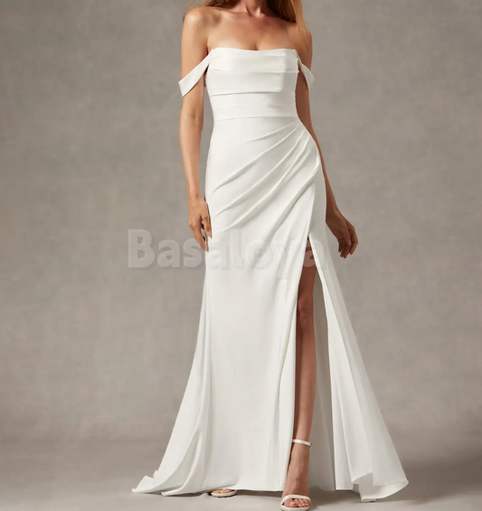 WD0089 Elegant White Off-Shoulder Sheath Pleats Wedding Dress with Slit
