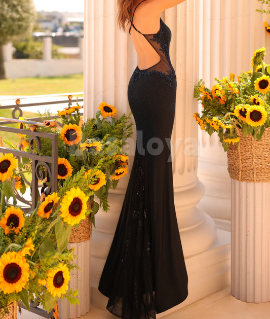 SP0133 Elegant Beaded Black V-Neck Mermaid Prom Dress with Appliques