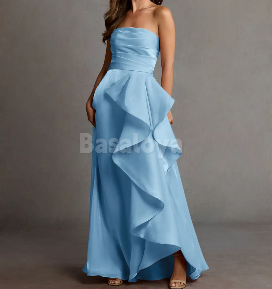 SP0262 Classic Blue Strapless Sheath Long Pleats Prom Dress Party Gown