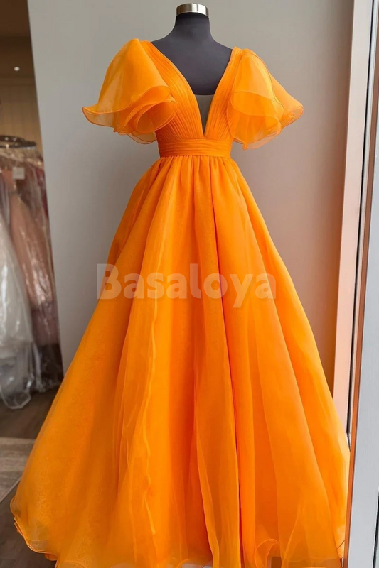 SP0183 Classic Orange A-Line V-Neck Cap Sleeves Pleats Prom Dresses