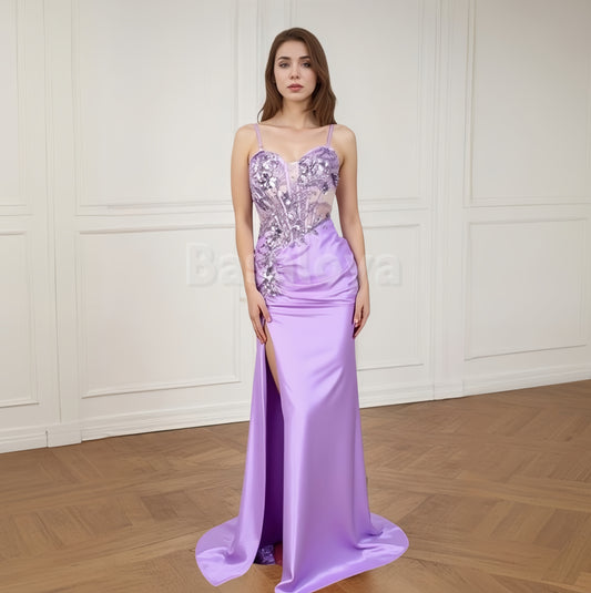 ED0032 Elegant Tahiti Sweetheart High Slit Evening Dress with Appliques