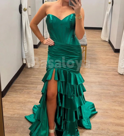 SP0163 Classic Fuchsia Sweetheart Mermaid Tiered Prom Dress with Slit